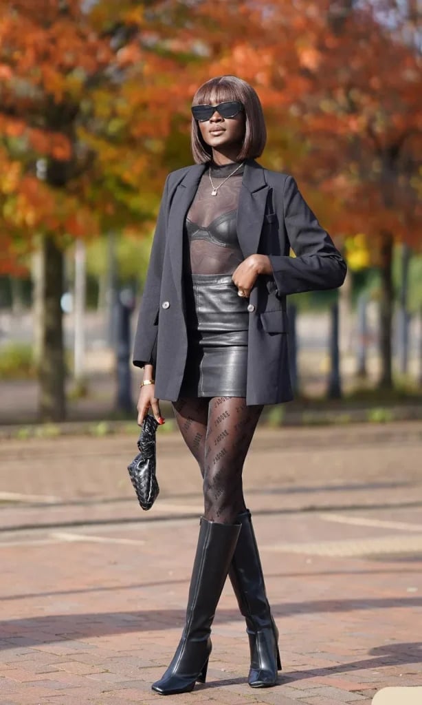 Black Blazer With Sheer Top and Leather Mini Skirt Black Blazer With Sheer Top and Leather Mini Skirt — Trendy Going Out Outfits Night Club