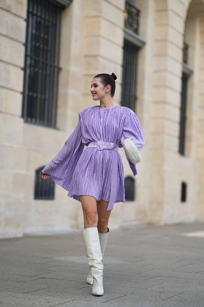 Lavender Pleated Mini Dress With White Boots Lavender Pleated Mini Dress With White Boots — Trendy Going Out Outfits Night Club
