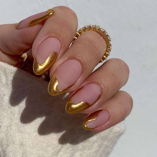 Matte Nude Medium Almond With Bright Gold French — Trendy Gold Nails