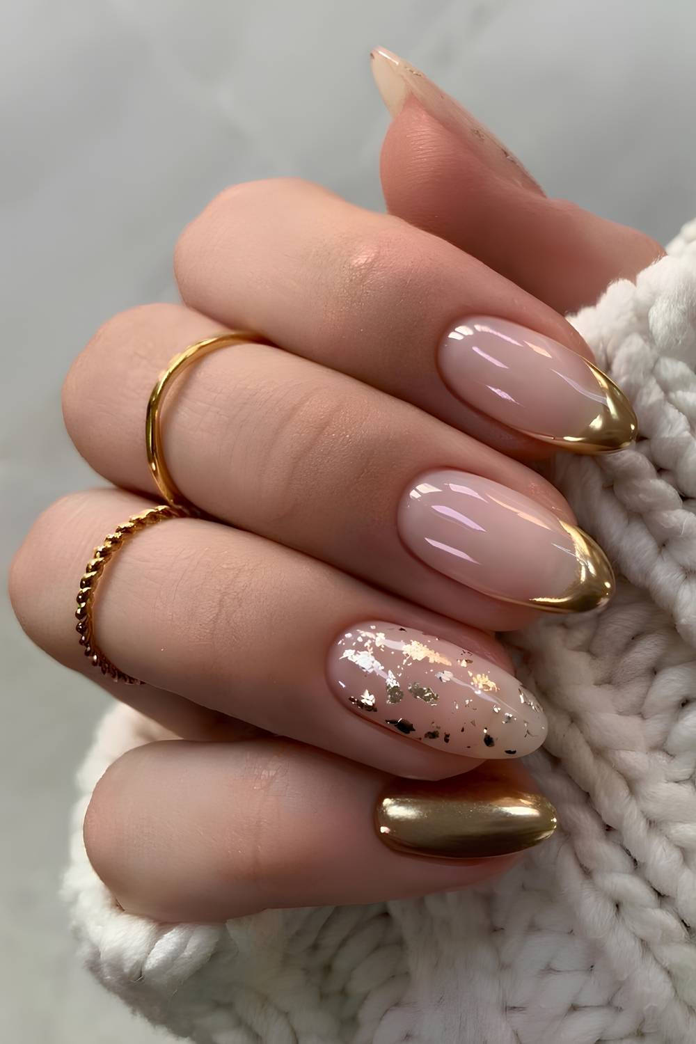 Short Almond Liquid Gold Accents On Milky Pink — Trendy Gold Nails