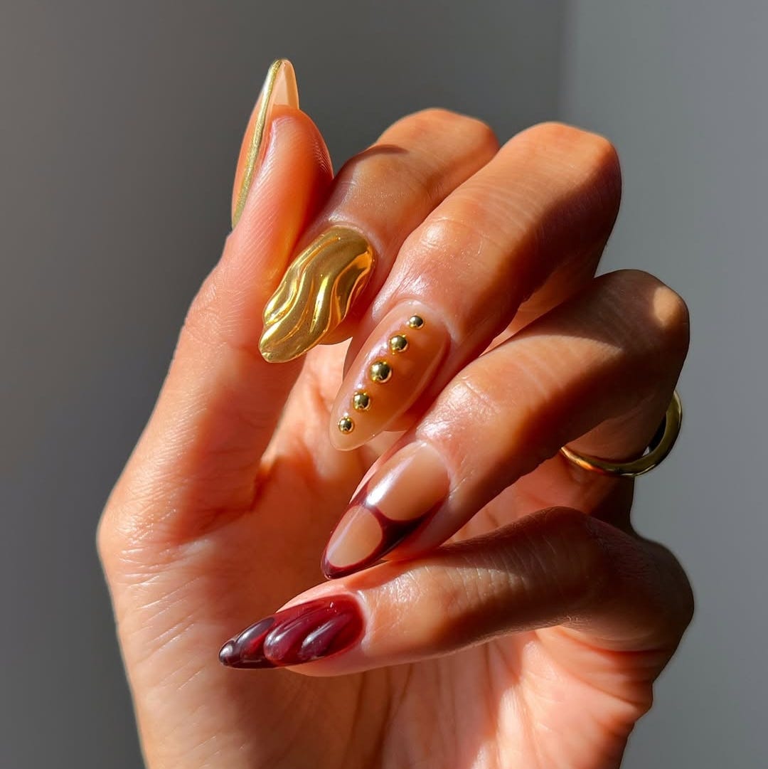 Medium Sharp Almond Matte Black With Gold Leaf — Trendy Gold Nails