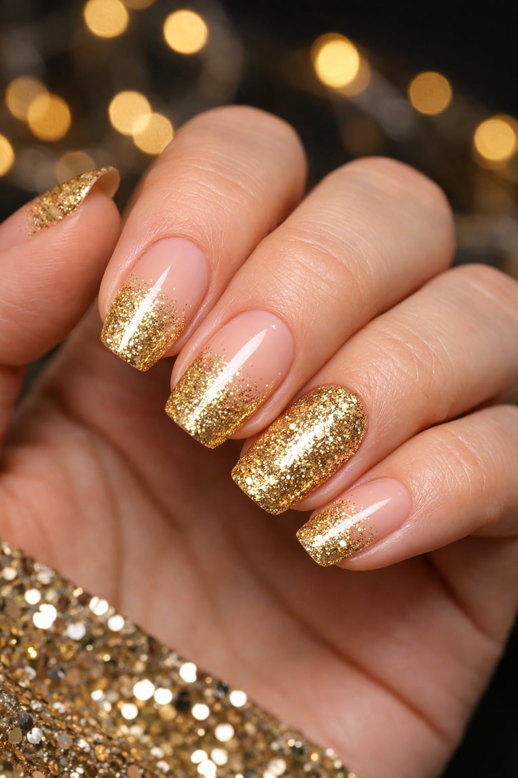 Medium Square Nails Nude To Gold Glitter Gradient — Trendy Gold Nails