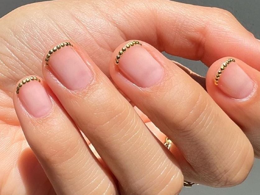 Short Square Matte Nude With Gold Bead Accents — Trendy Gold Nails
