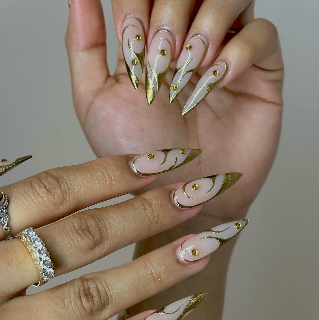 Very Long Sharp Nails With Gold Wavy Lines Beads — Trendy Gold Nails