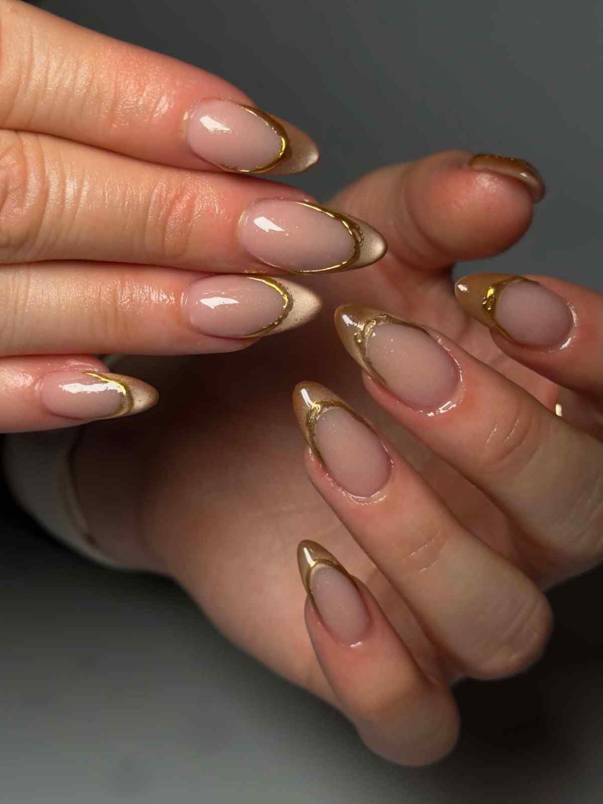 Short Almond Nails With Subtle Gold French Tips — Trendy Gold Nails