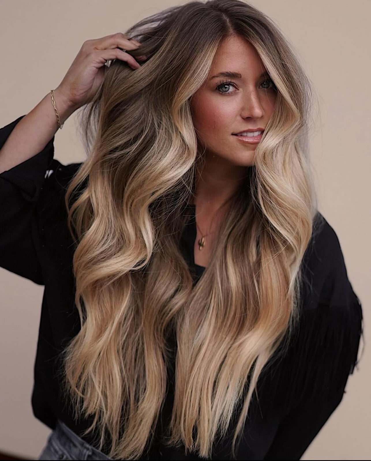Mid-Back Length Layers With Golden Blonde Balayage Mid-Back Length Layers With Golden Blonde Balayage — Trendy Golden Blonde