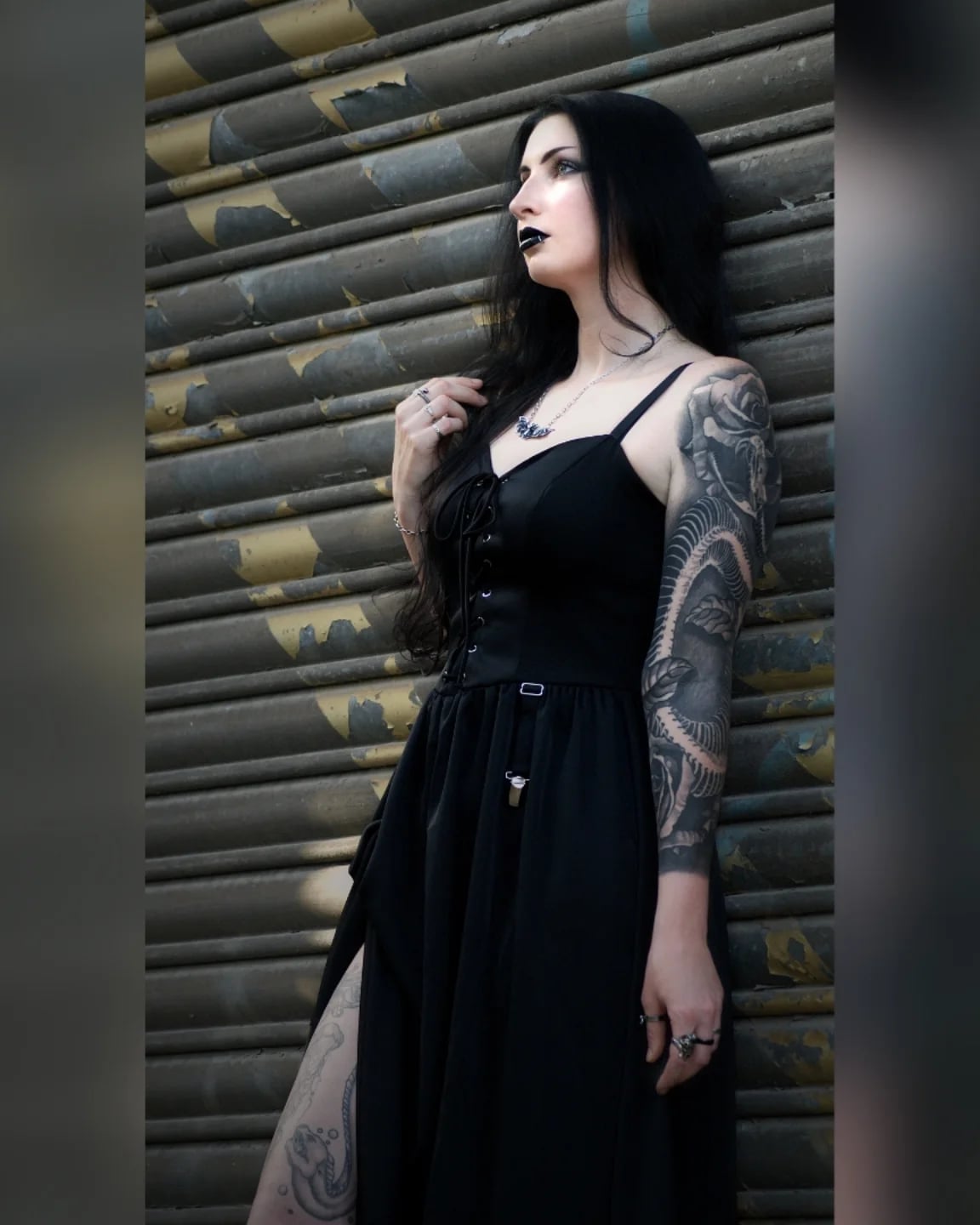 Gothic Dress with Corset Bodice and Thigh-High Slit Gothic Dress with Corset Bodice and Thigh-High Slit — Trendy Goth Outfits