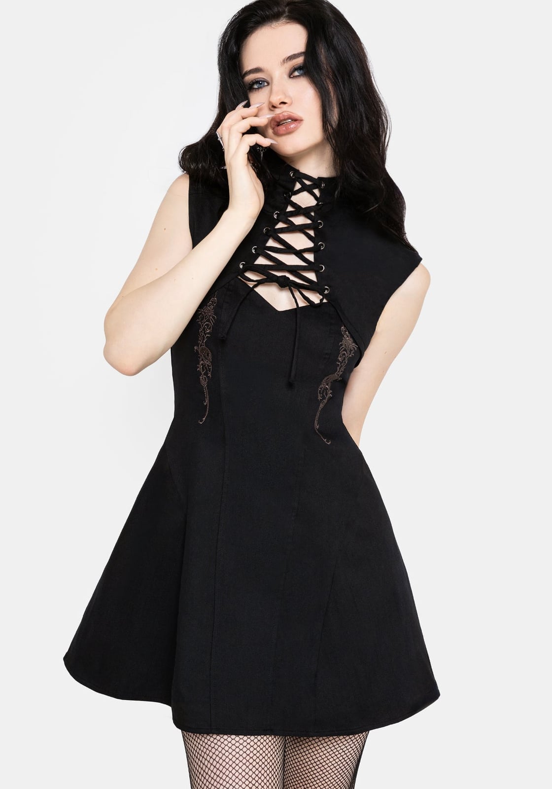 Sleeveless Dress with Lace-Up Neckline and Fishnets Sleeveless Dress with Lace-Up Neckline and Fishnets — Trendy Goth Outfits