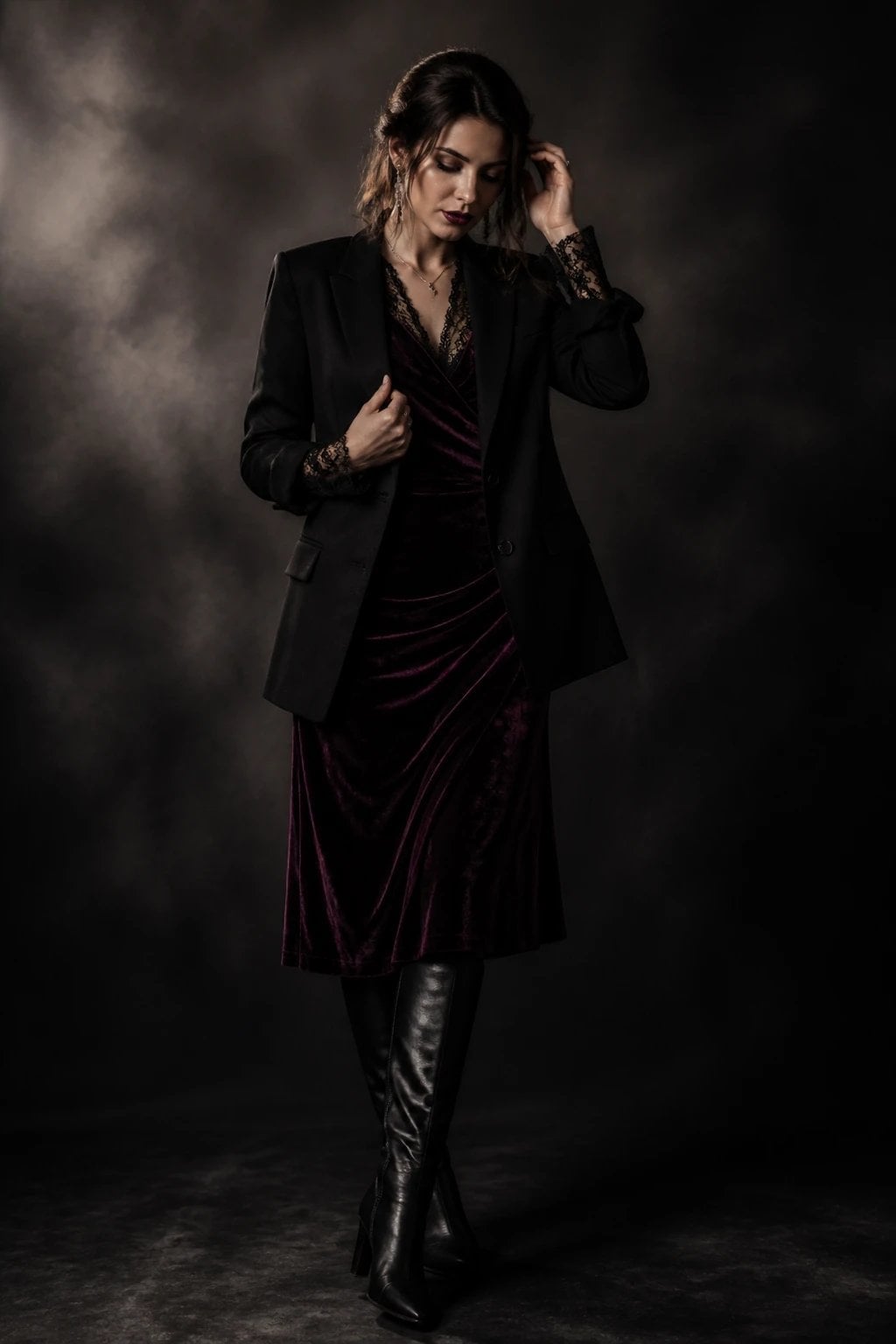 Pinstripe Dress with Harness Detail and Wide-Brim Hat Pinstripe Dress with Harness Detail and Wide-Brim Hat — Trendy Goth Outfits