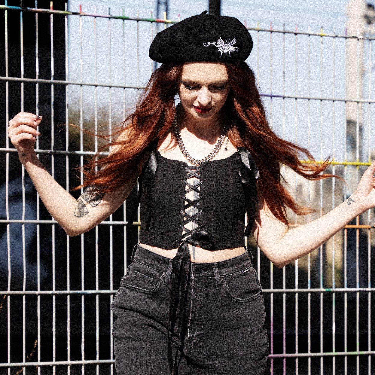 Lace Corset Top with Ribbon Lacing and Beret Lace Corset Top with Ribbon Lacing and Beret — Trendy Goth Outfits