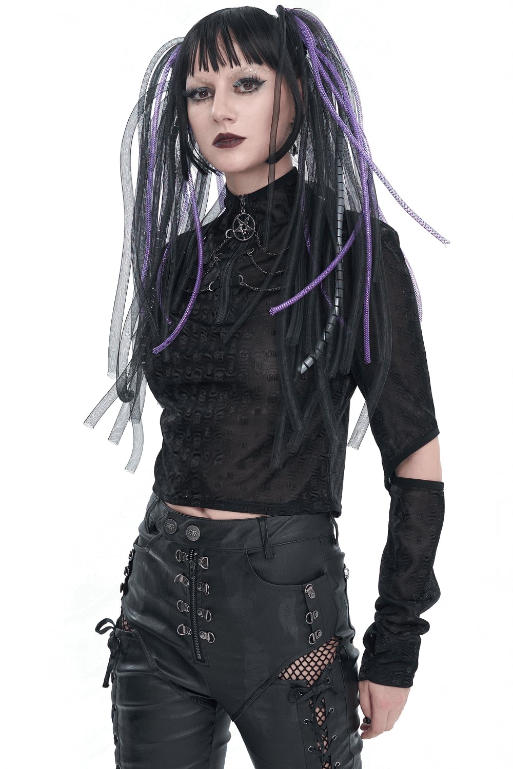 Patterned Sheer Top with Buckled Faux Leather Pants Patterned Sheer Top with Buckled Faux Leather Pants — Trendy Goth Outfits