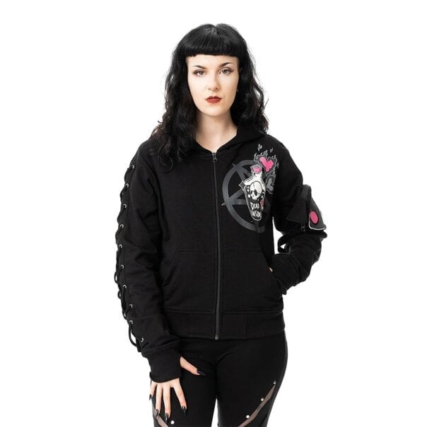 Zip-up Hoodie with Lace-Up Sleeves and Mesh Leggings Zip-up Hoodie with Lace-Up Sleeves and Mesh Leggings — Trendy Goth Outfits