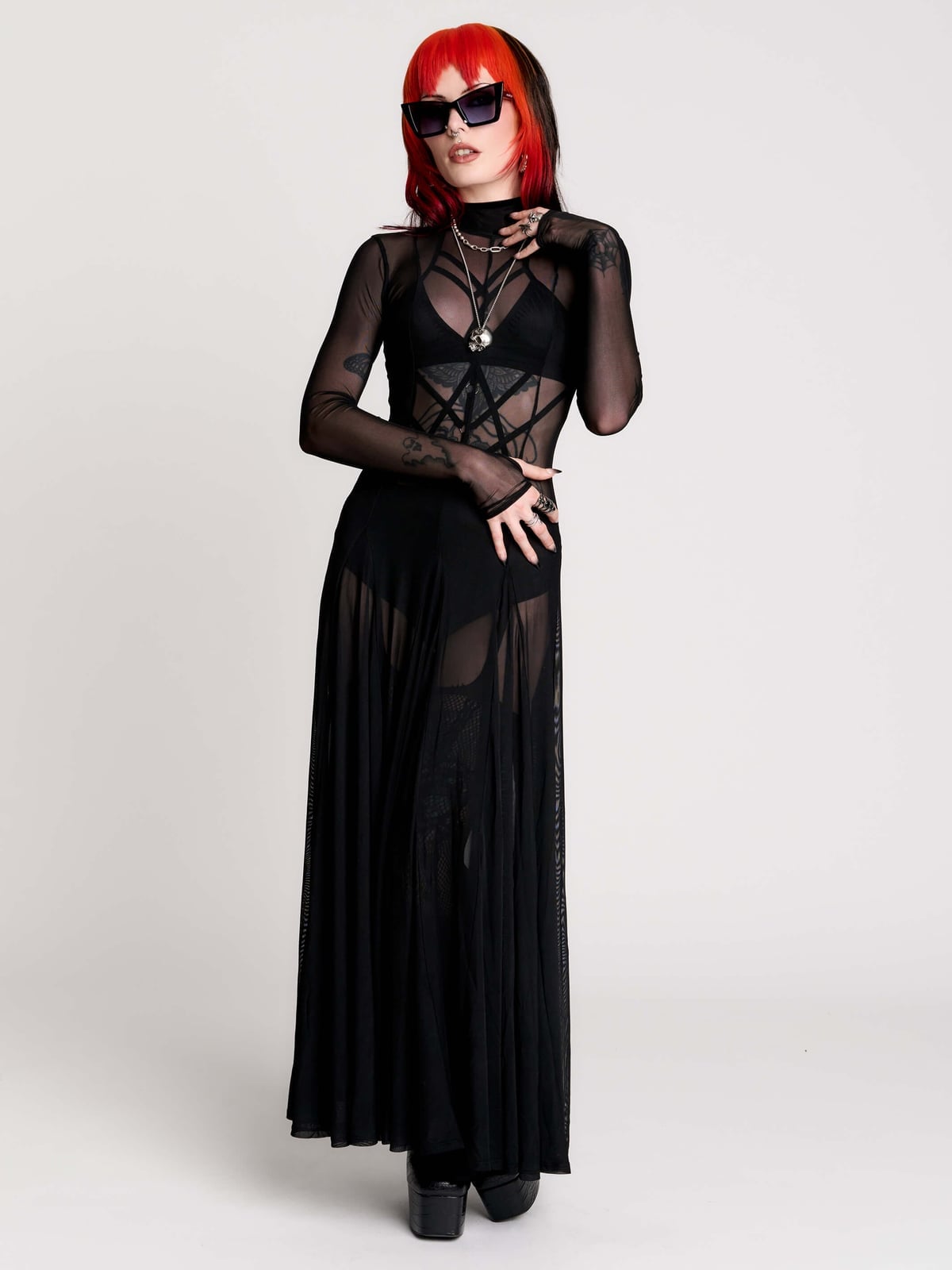 Pentagram Sheer Top with Flowing Maxi Skirt Pentagram Sheer Top with Flowing Maxi Skirt — Trendy Goth Outfits