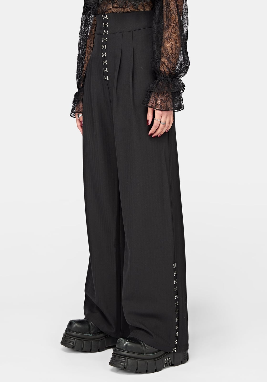 Lace Blouse with Wide-Leg Trousers and Buckle Details Lace Blouse with Wide-Leg Trousers and Buckle Details — Trendy Goth Outfits