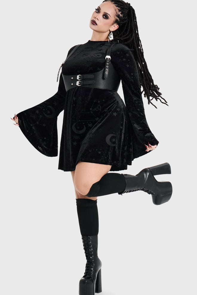 Celestial Print Skater Dress with Leather Harness Celestial Print Skater Dress with Leather Harness — Trendy Goth Outfits