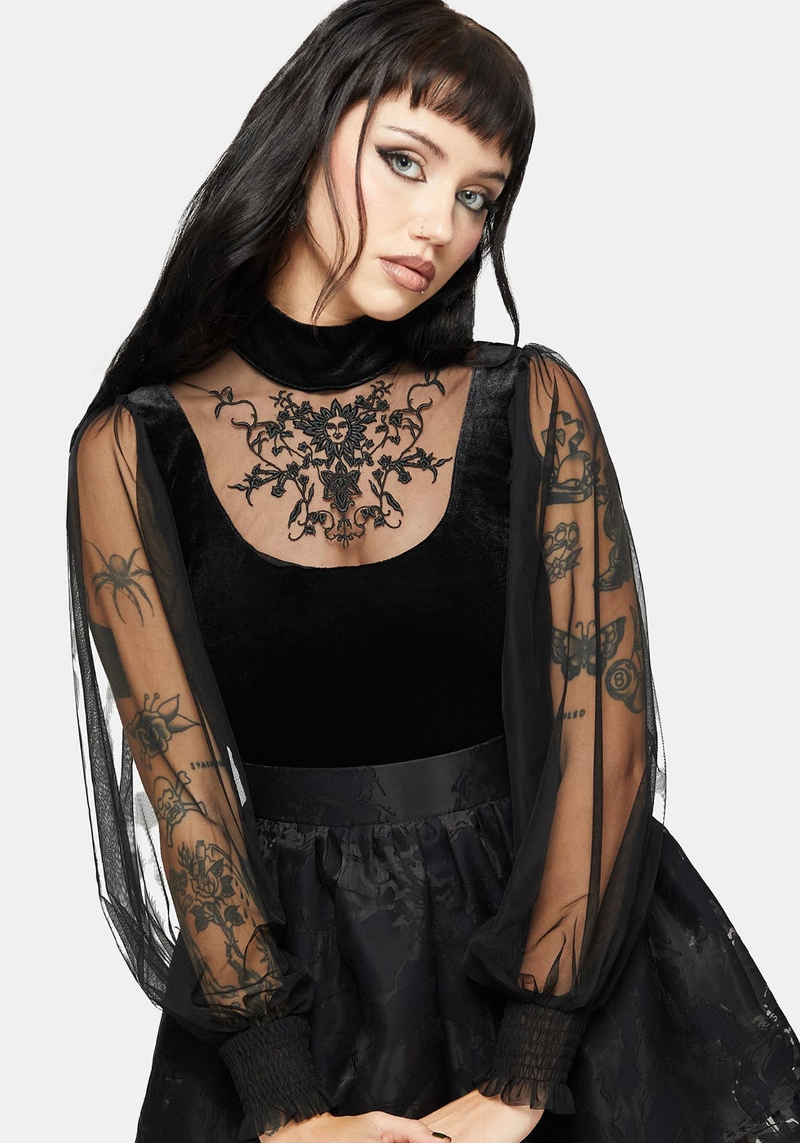 Embroidered Velvet Bodysuit with Puff Sleeves Embroidered Velvet Bodysuit with Puff Sleeves — Trendy Goth Outfits