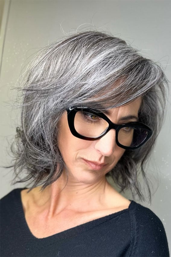 Chin Shag Bob With Choppy Bangs Chin Shag Bob With Choppy Bangs — Trendy Gray Hair Color