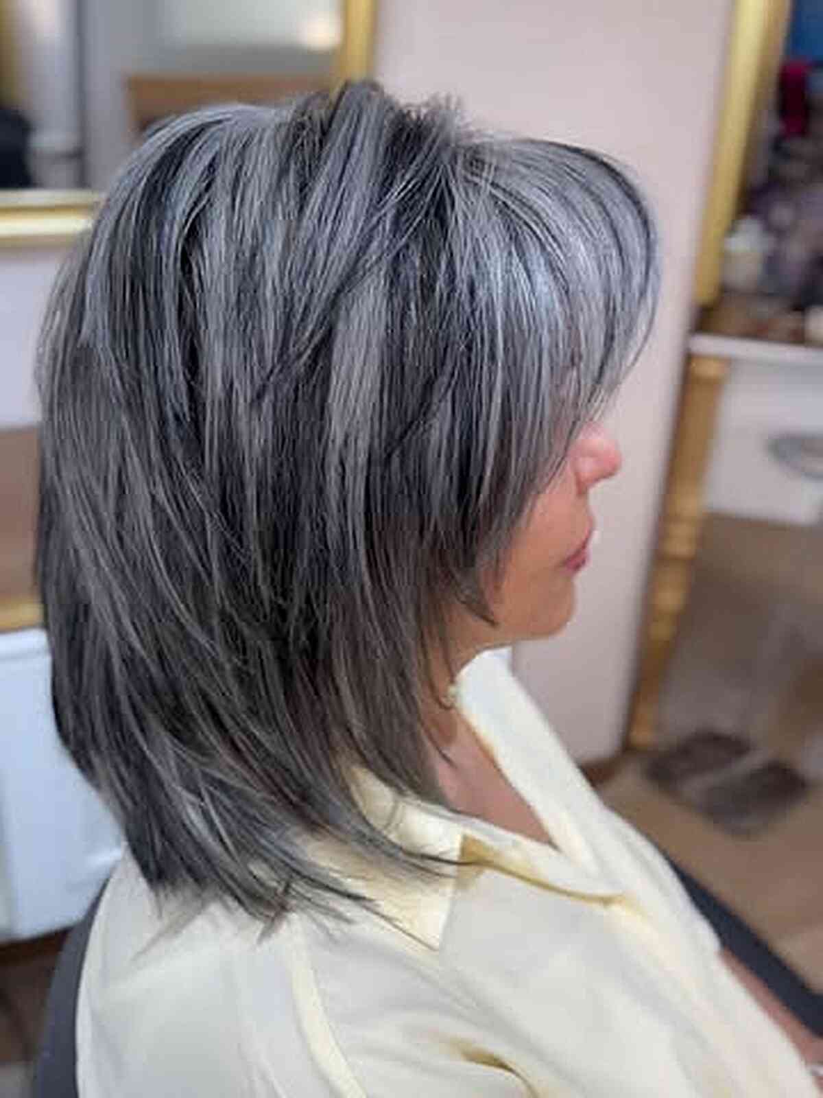 Collarbone Layers With Darker Lowlights Collarbone Layers With Darker Lowlights — Trendy Gray Hair Color