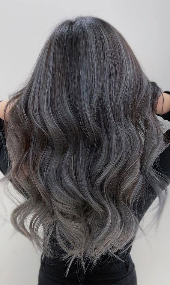 Mid-Back Dark Silver Balayage Blend Mid-Back Dark Silver Balayage Blend — Trendy Gray Hair Color