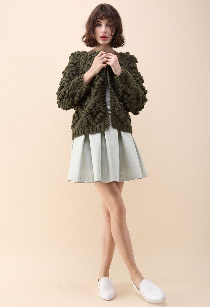 Olive Green Bobble Knit Cardigan with Sneakers — Trendy Green Cardigan Outfit