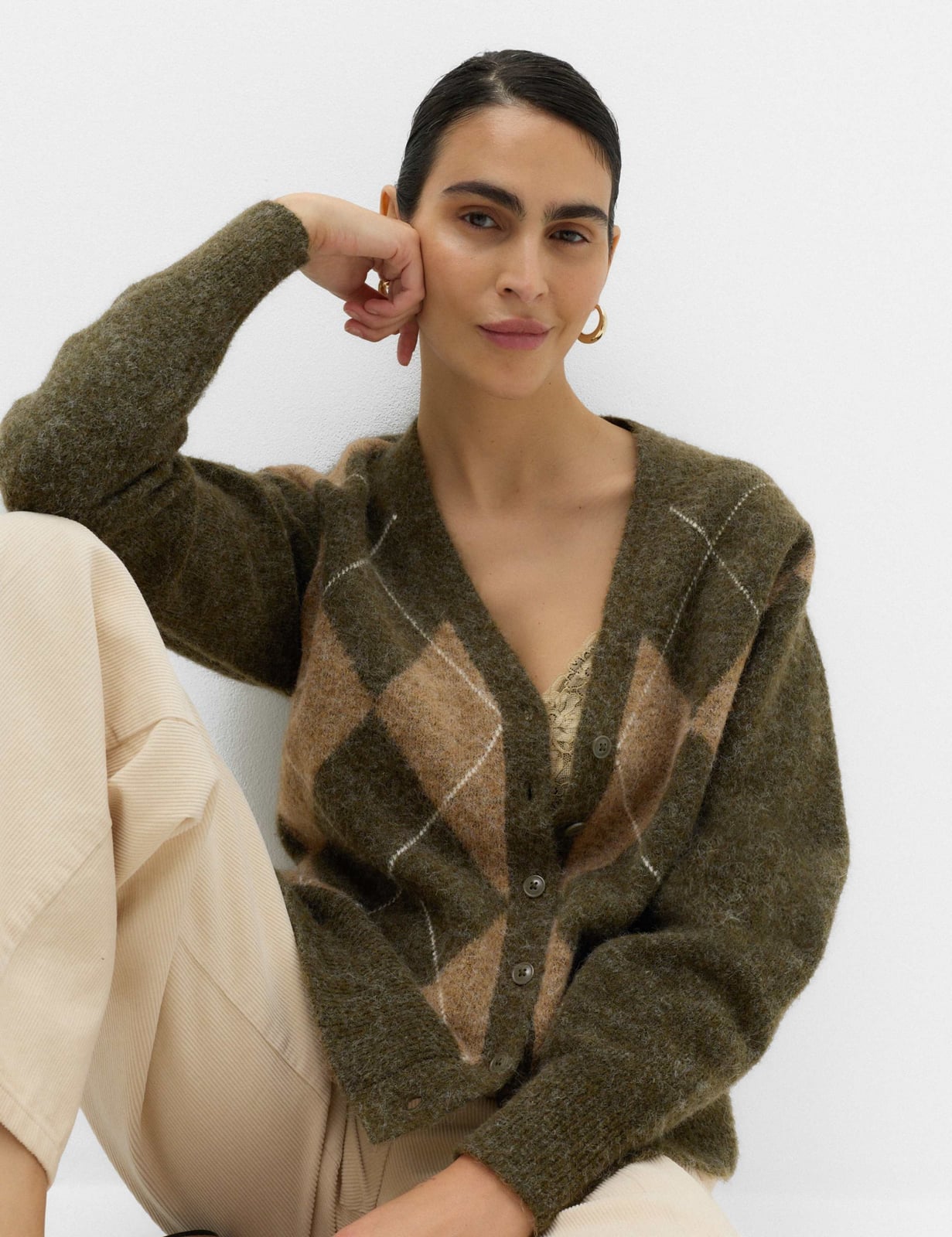 Olive Green Argyle Cardigan Detail Shot — Trendy Green Cardigan Outfit