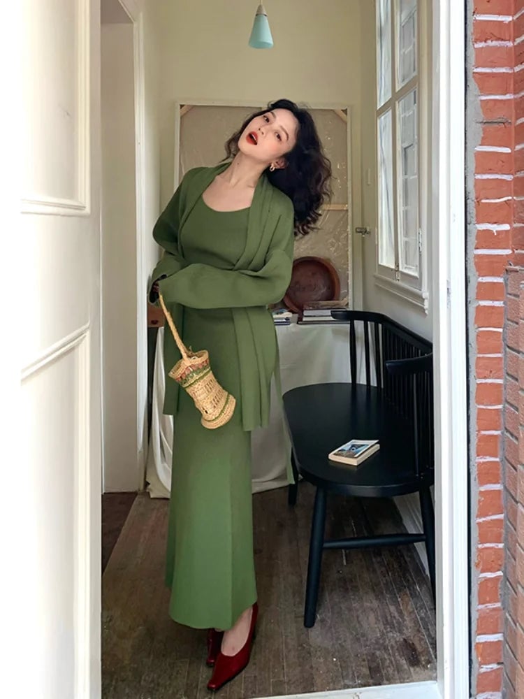 Matching Olive Green Cardigan and Dress Set — Trendy Green Cardigan Outfit