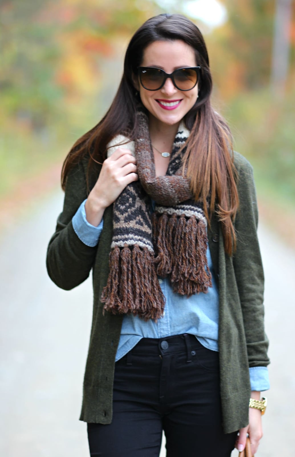 Dark Green Cardigan with Fringed Scarf — Trendy Green Cardigan Outfit