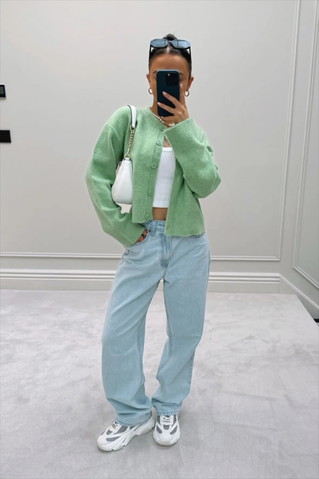 Light Green Cropped Cardigan with Baggy Jeans — Trendy Green Cardigan Outfit