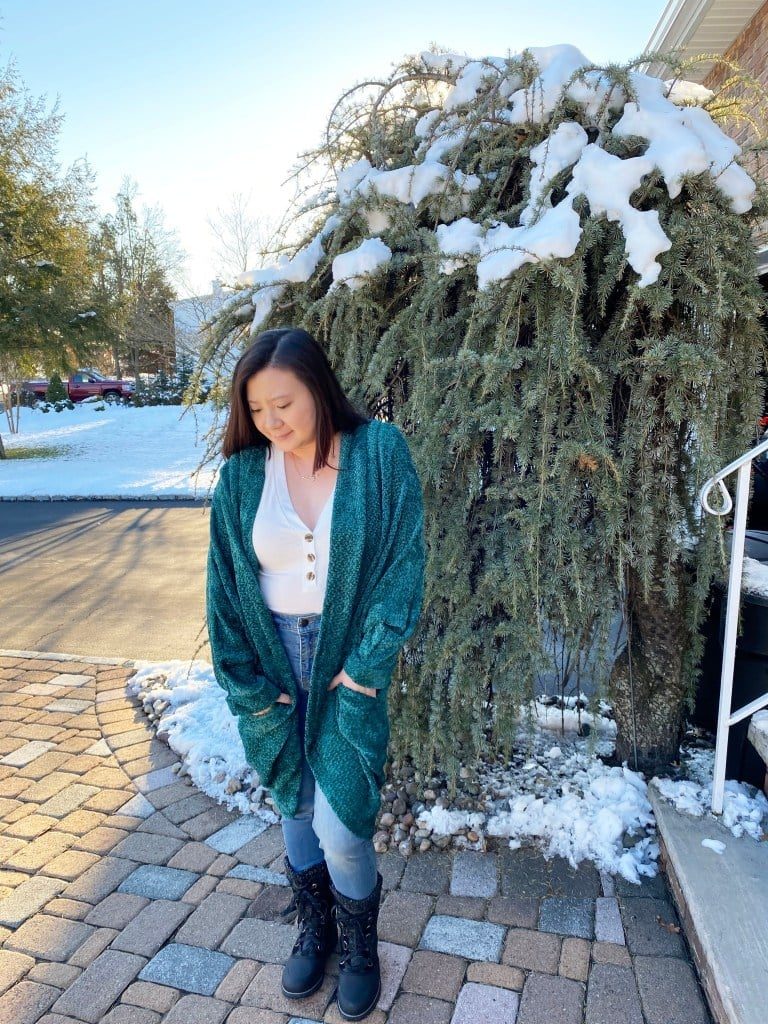 Teal Green Velour Cardigan for Cold Weather — Trendy Green Cardigan Outfit