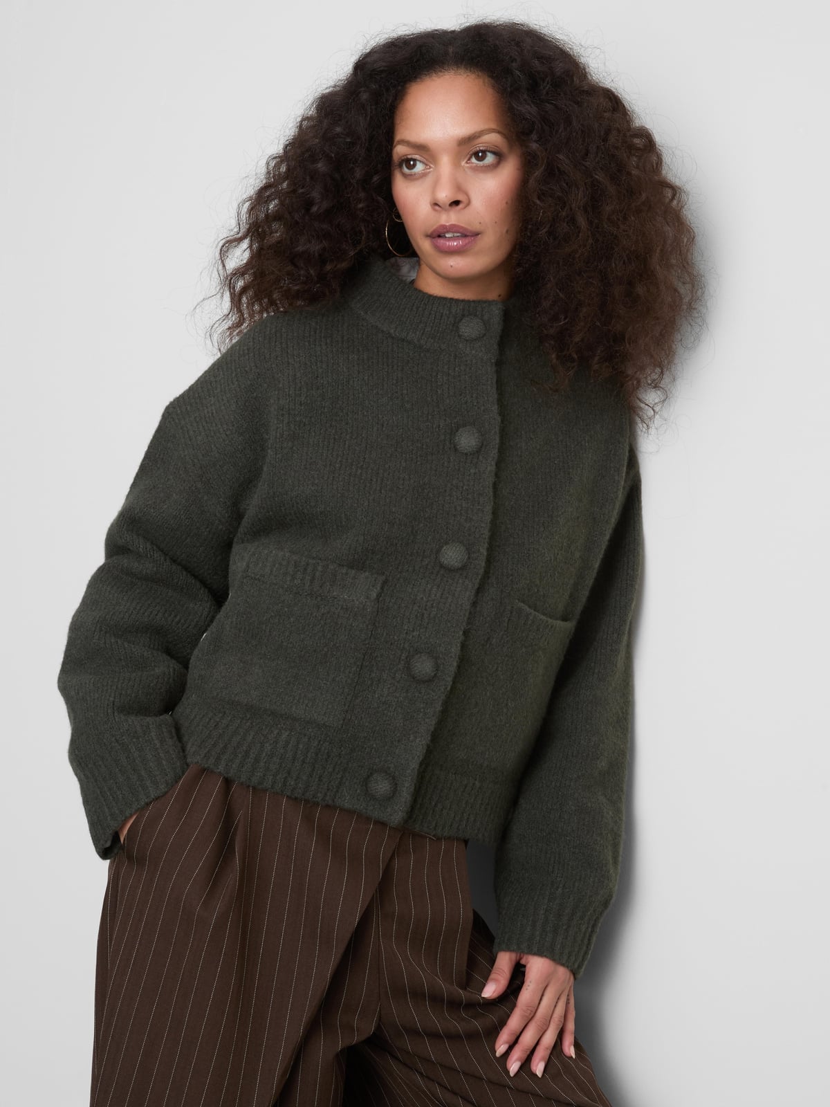 Dark Green Cropped Wool-Blend Cardigan Details — Trendy Green Cardigan Outfit