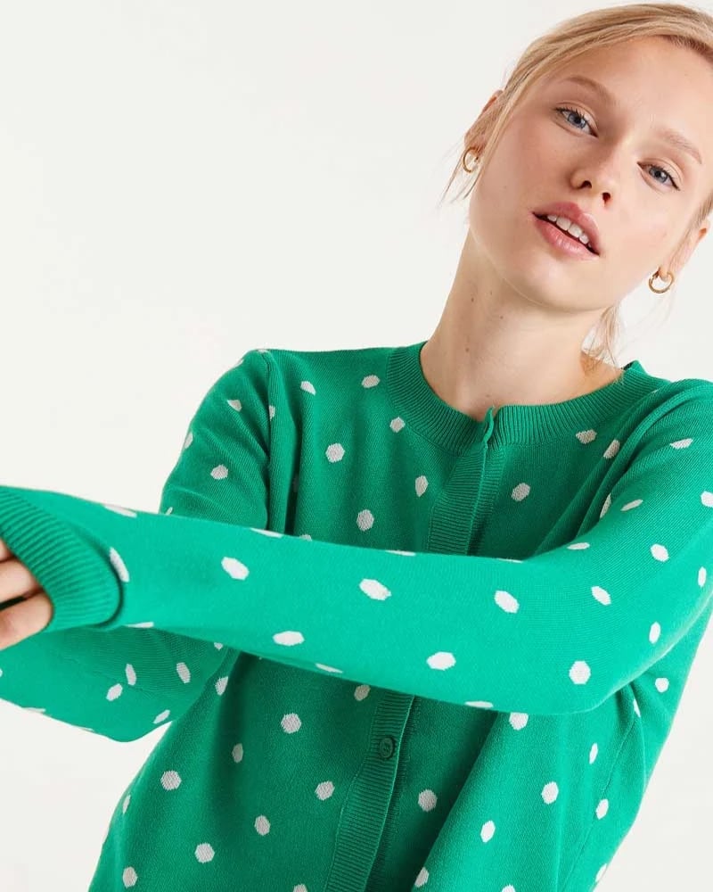 Green Polka Dot Fine Knit Cardigan Style — Trendy Green Cardigan Outfit