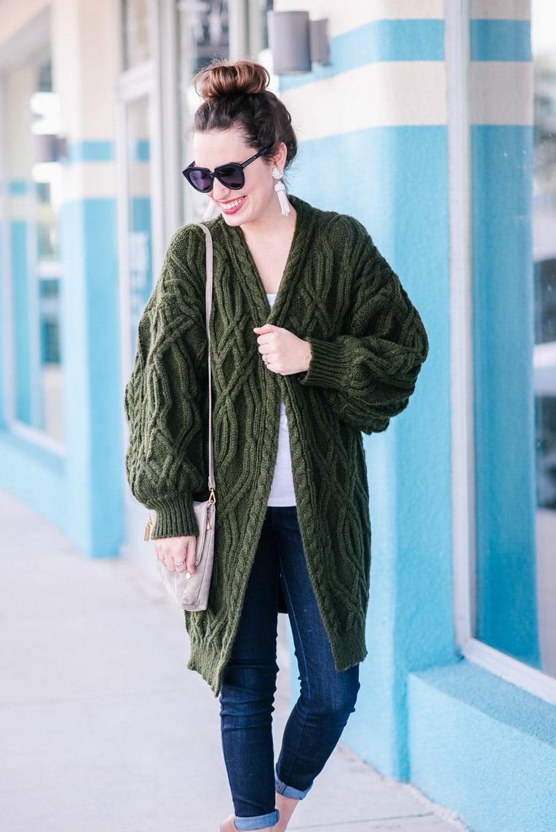 Oversized Olive Green Cable Knit Cardigan Look — Trendy Green Cardigan Outfit