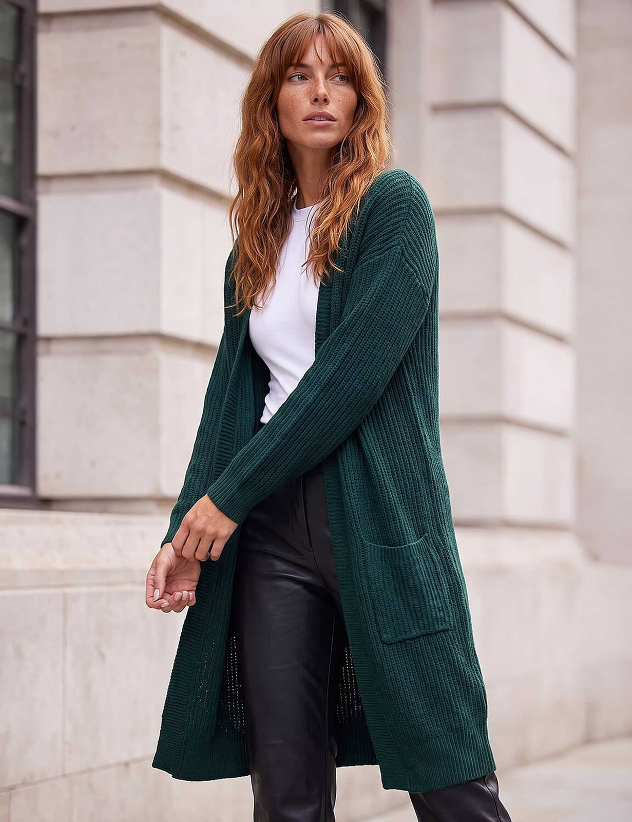 Forest Green Longline Ribbed Cardigan Ensemble — Trendy Green Cardigan Outfit
