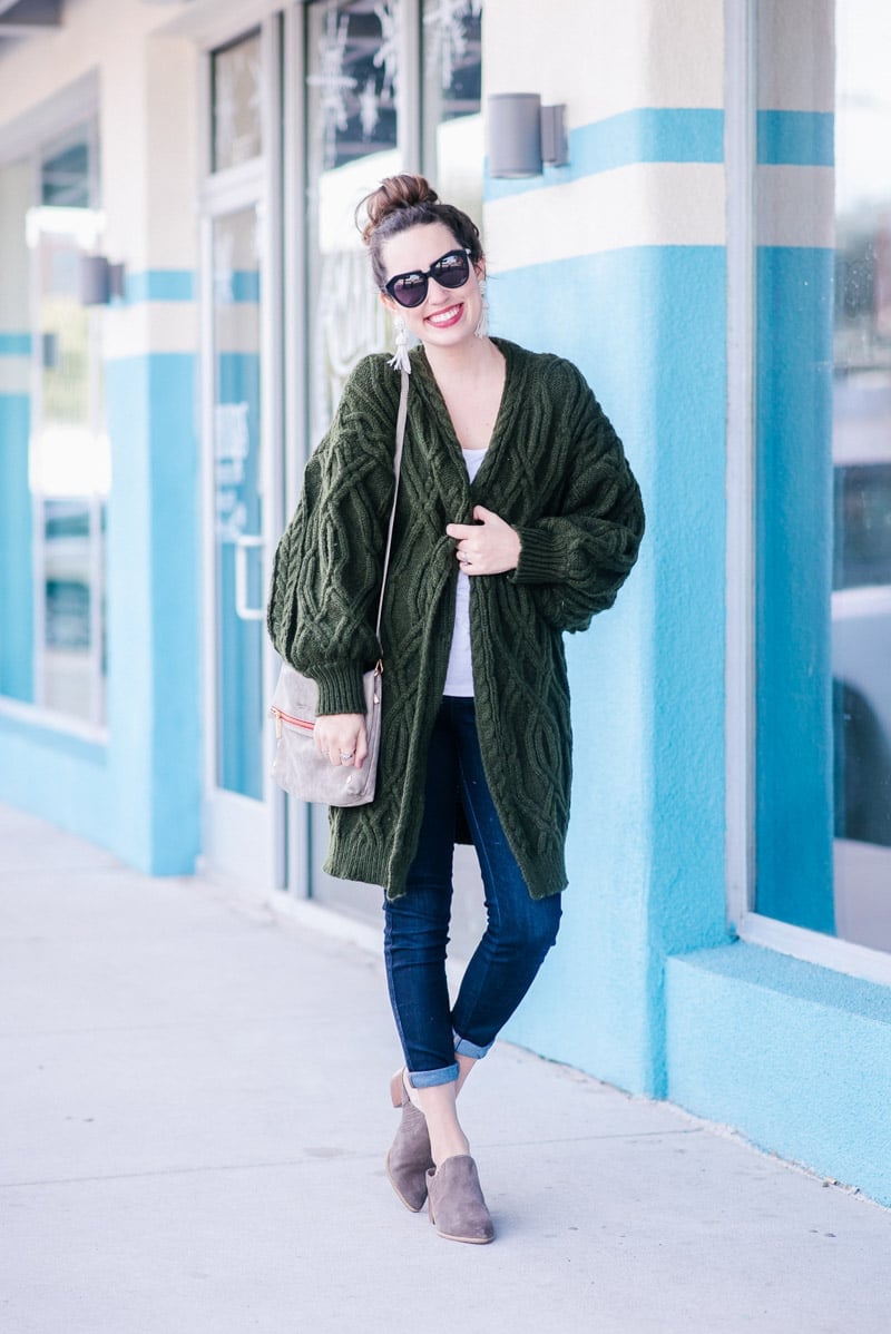 Dark Green Longline Cardigan with Textured Knit — Trendy Green Cardigan Outfit