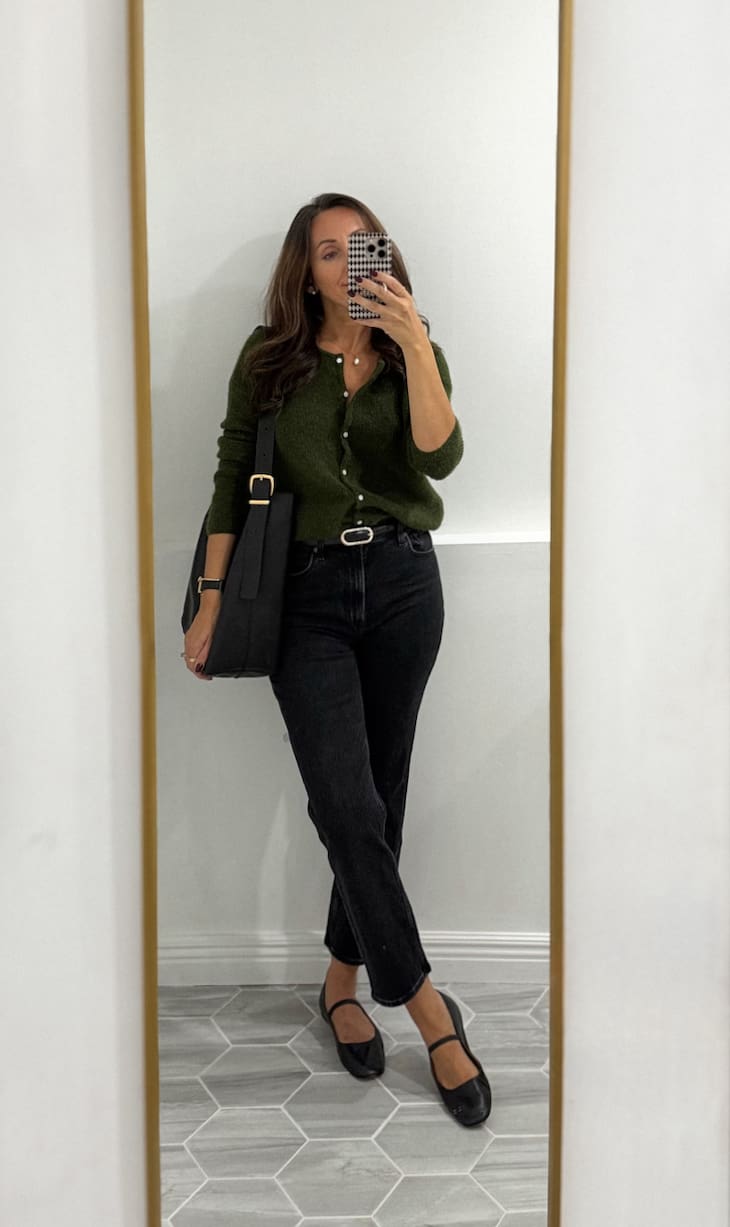 Dark Green Knit Cardigan with Statement Buttons — Trendy Green Cardigan Outfit