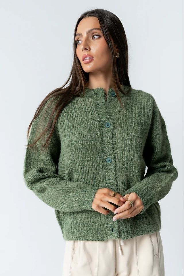 Olive Green Cardigan with Large Green Buttons — Trendy Green Cardigan Outfit