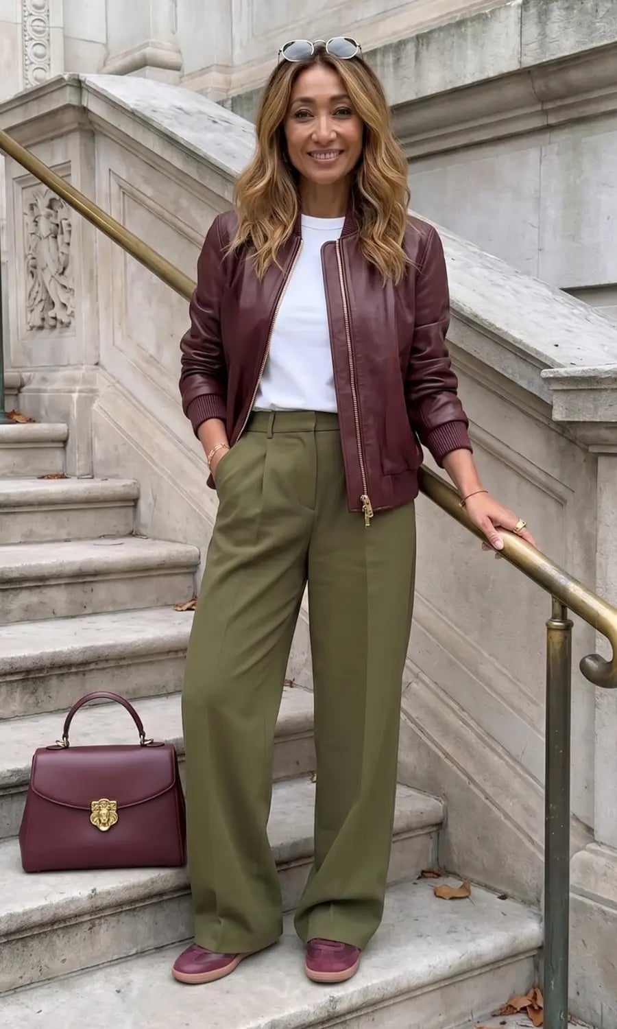 Olive Green Wide-Leg Trousers with Burgundy Bomber, Close-Up Take Olive Green Wide-Leg Trousers with Burgundy Bomber, Close-Up Take — Trendy Green Outfits