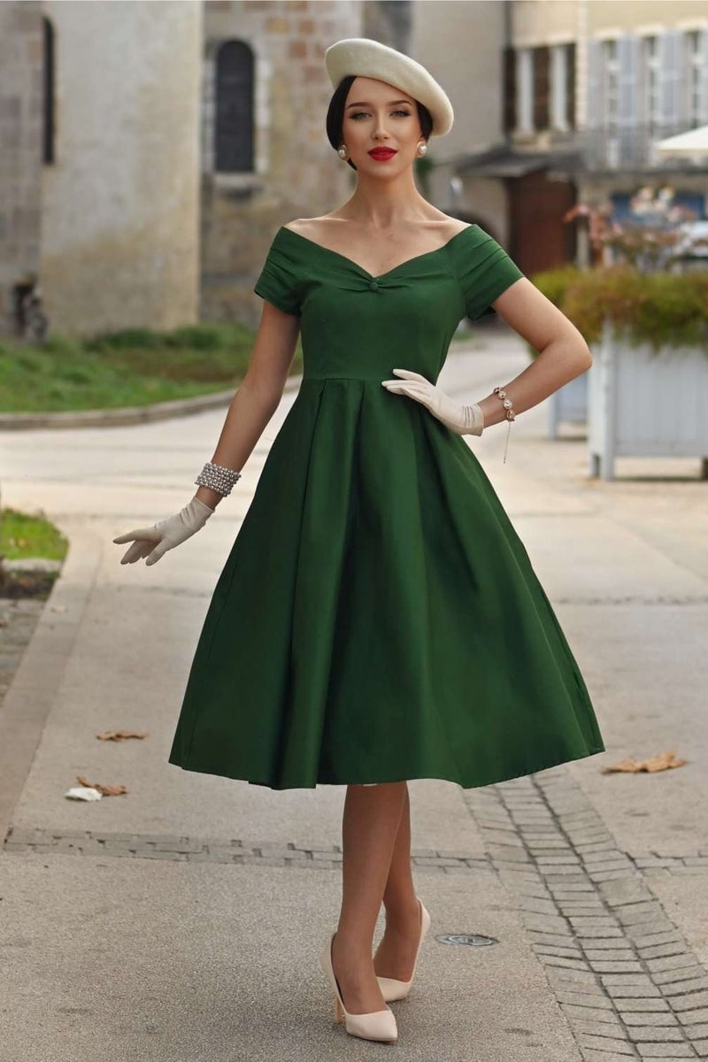 Deep Green Off-Shoulder Fit-And-Flare Dress Deep Green Off-Shoulder Fit-And-Flare Dress — Trendy Green Outfits