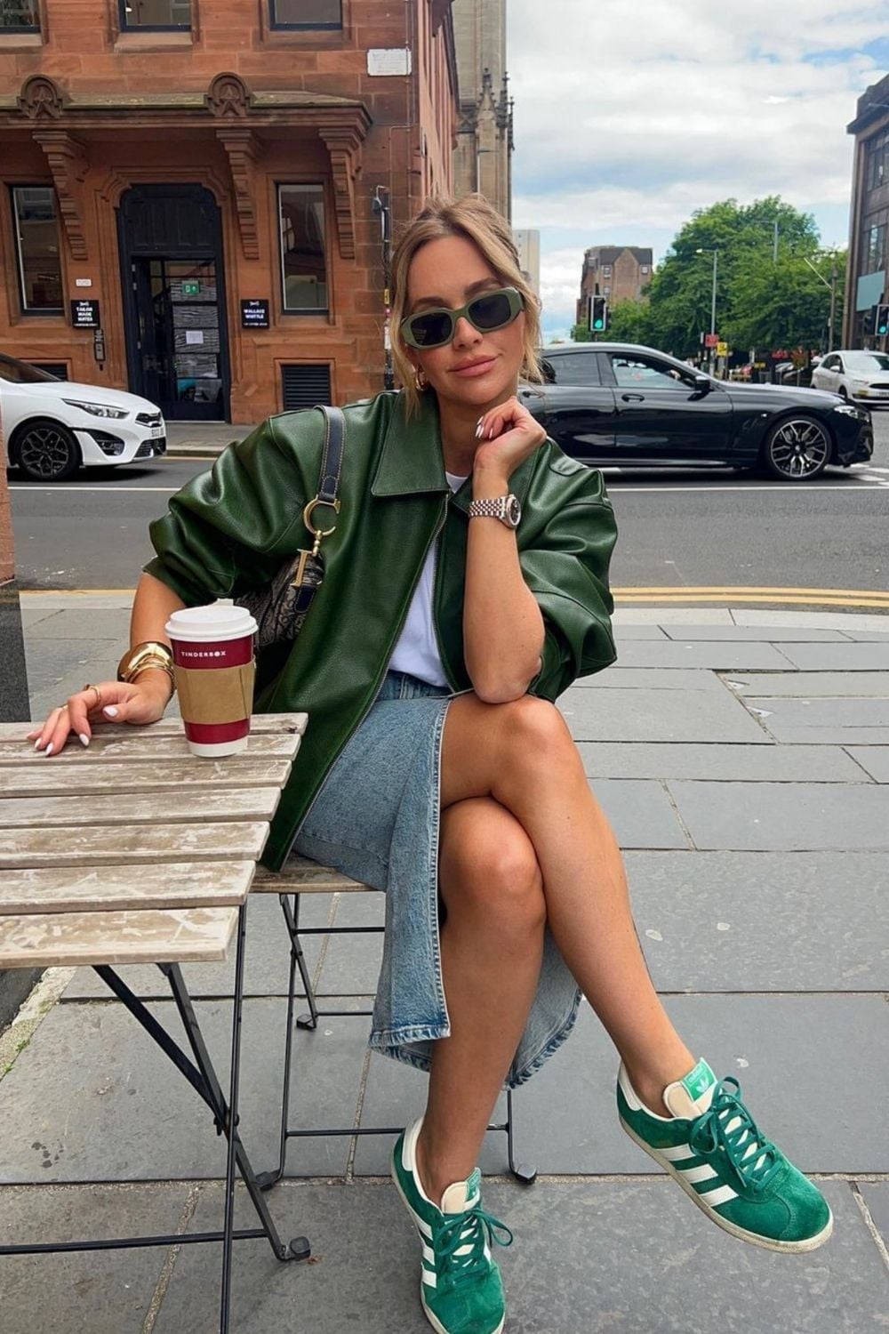 Green Leather Jacket Over White Tee and Denim Midi Skirt Green Leather Jacket Over White Tee and Denim Midi Skirt — Trendy Green Outfits