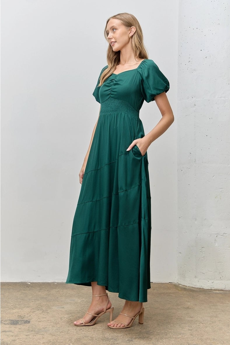 Emerald Green Satin Maxi Dress with Puff Sleeves Emerald Green Satin Maxi Dress with Puff Sleeves — Trendy Green Outfits