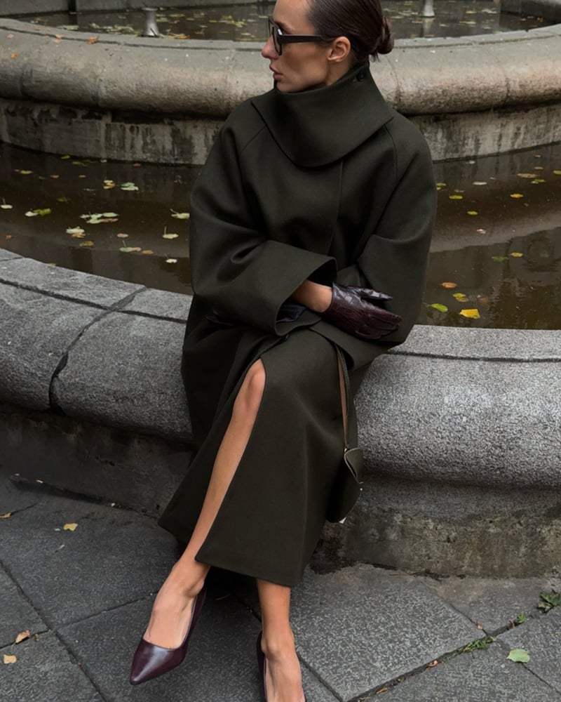 Dark Green Oversized Wool Blend Coat with High Slit Dark Green Oversized Wool Blend Coat with High Slit — Trendy Green Outfits