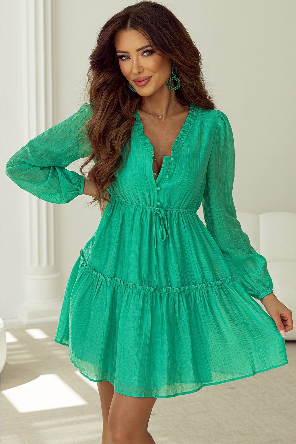 Bright Green Puff Sleeve Mini Dress With Sheer Textured Fabric Bright Green Puff Sleeve Mini Dress With Sheer Textured Fabric — Trendy Green Outfits