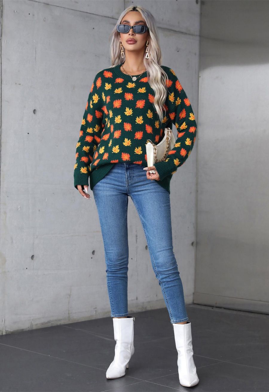 Green Leaf Print Sweater With Blue Skinny Jeans — Trendy Green Sweater Outfit