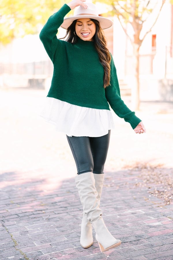Hunter Green Sweater Layered Over Peplum Top — Trendy Green Sweater Outfit