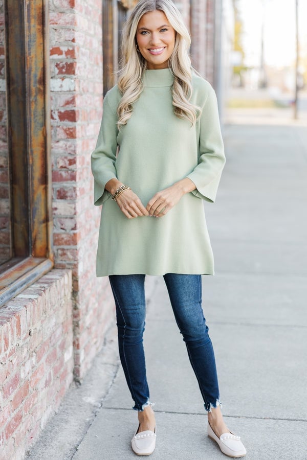 Sage Green Mock Neck Sweater Tunic With Jeans — Trendy Green Sweater Outfit