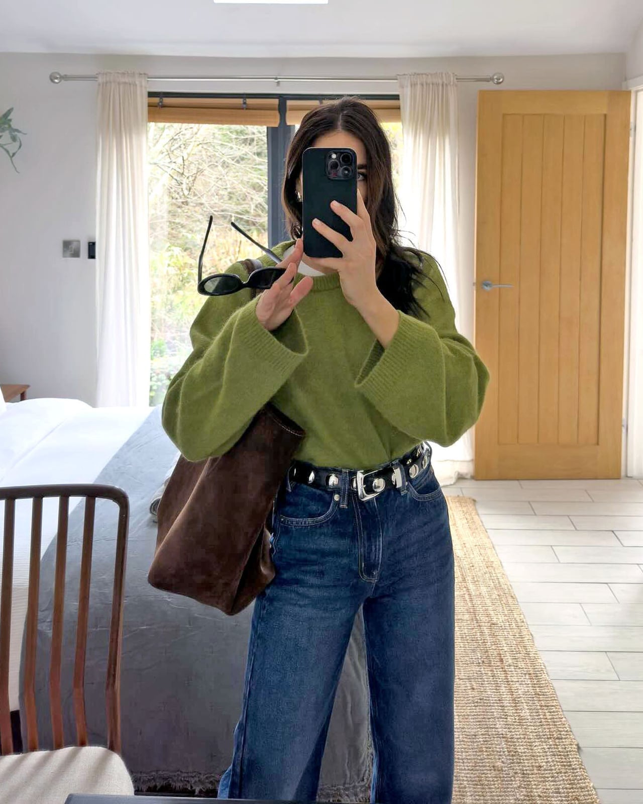 Olive Green Sweater With Wide Leg Denim Jeans — Trendy Green Sweater Outfit