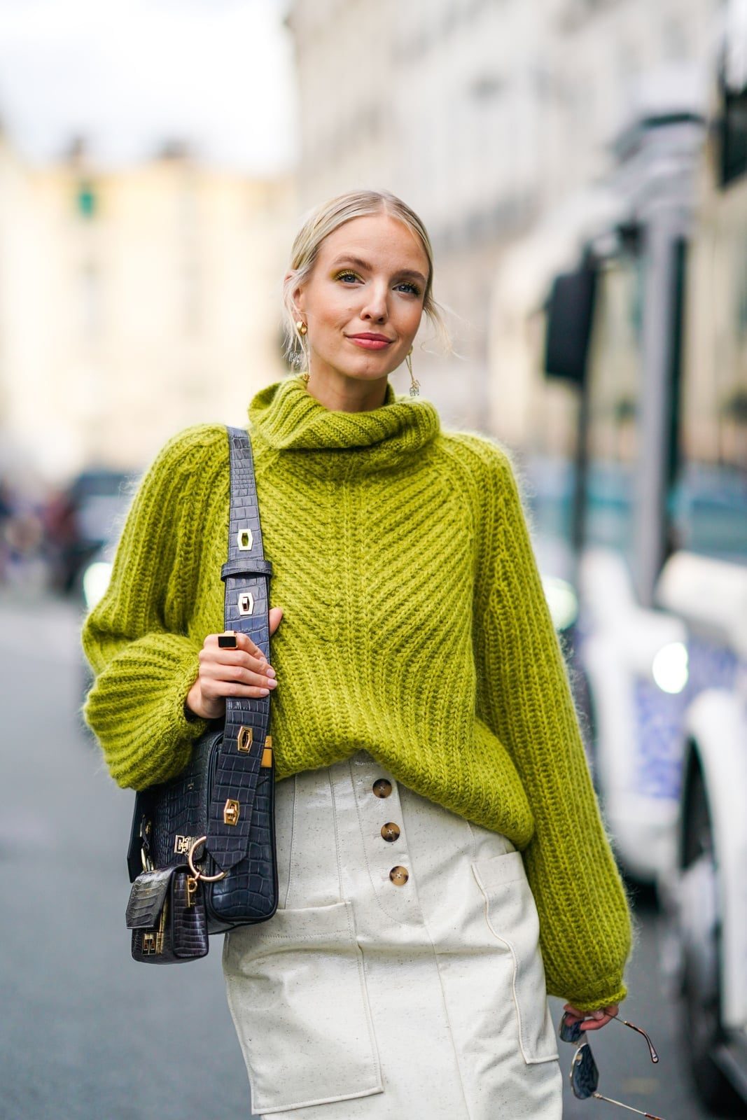 Lime Green Chunky Knit Sweater With Off-White Skirt — Trendy Green Sweater Outfit
