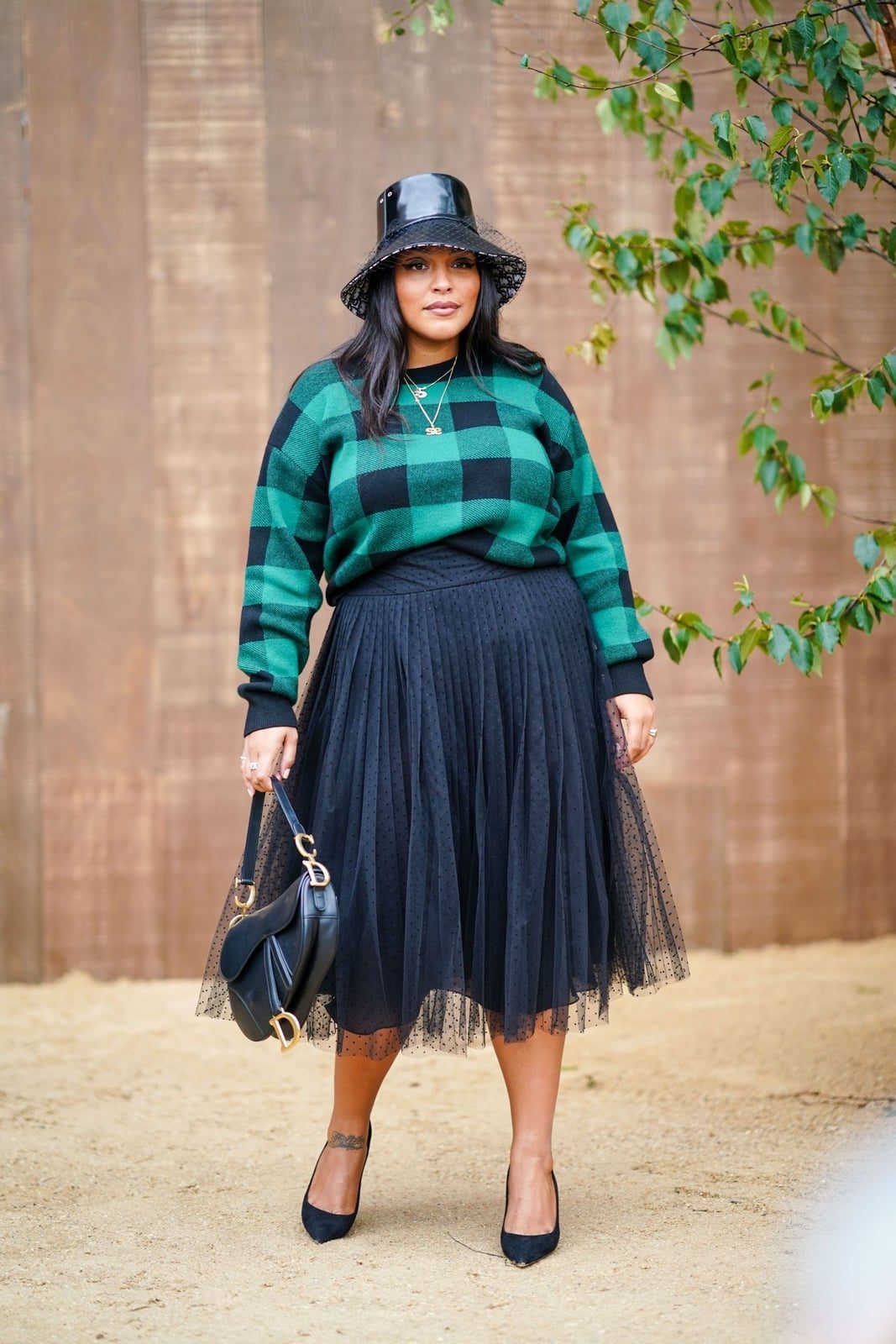 Green Checkered Sweater With Black Tulle Midi Skirt — Trendy Green Sweater Outfit