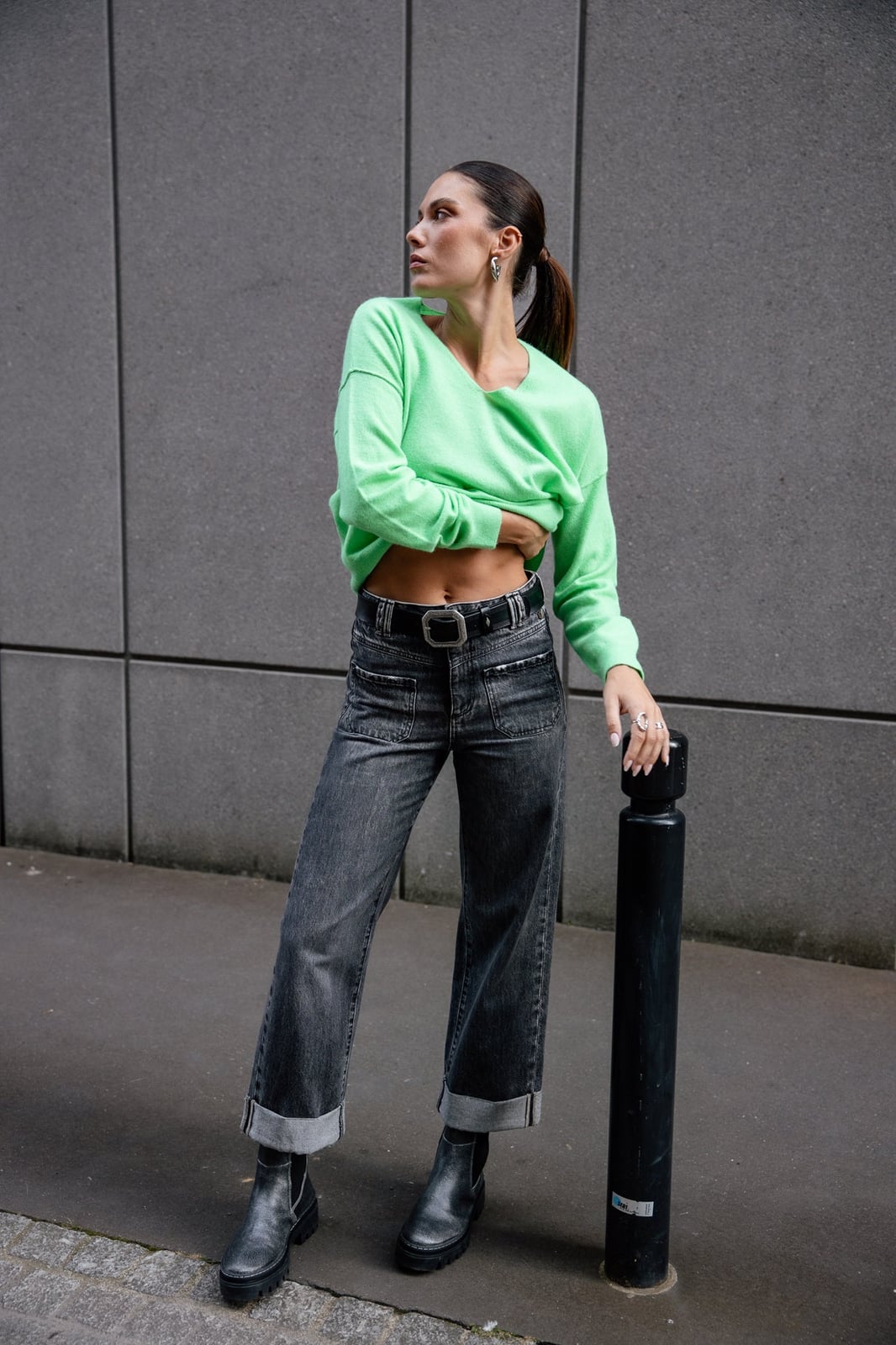 Neon Green Cropped Sweater With Grey Wide Leg Jeans — Trendy Green Sweater Outfit