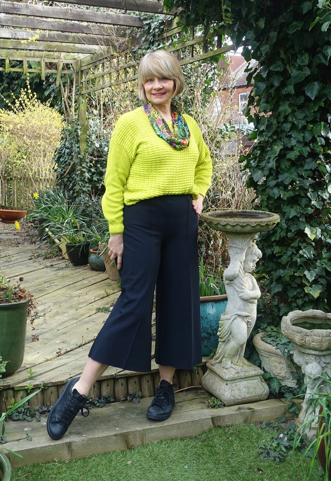 Lime Green Crewneck Sweater With Navy Cropped Pants — Trendy Green Sweater Outfit